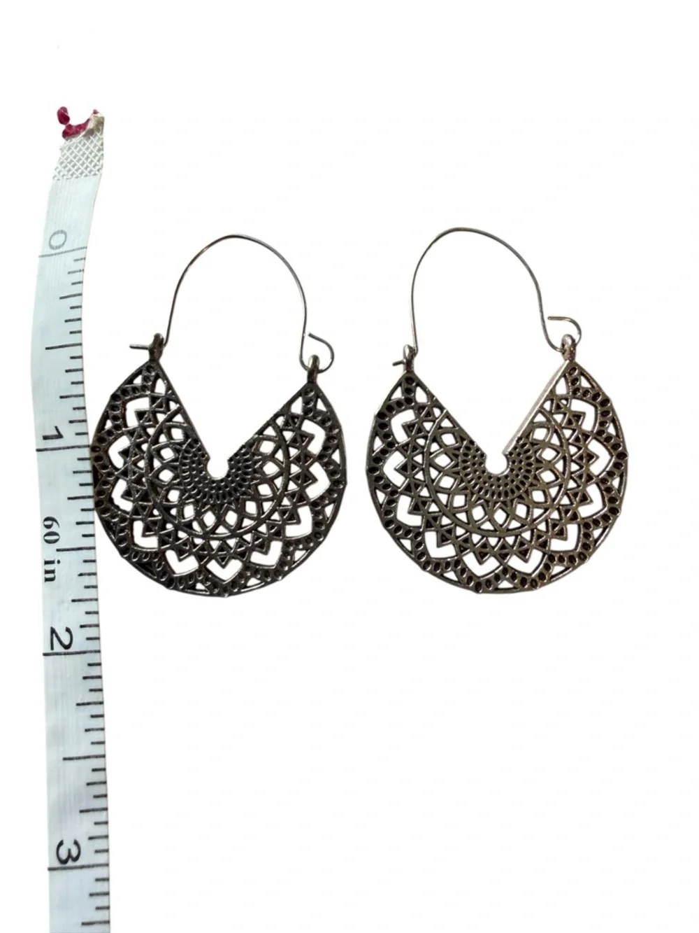 NWT Silver Boho Filigree Mandala Fan Drop Earrings Geometric Statement